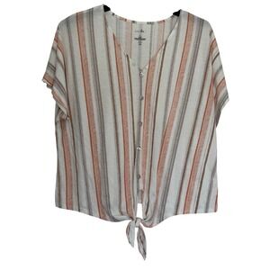 Just Be... Womens Orange Brown Striped V-Neck Tie Front Button Up Top Large